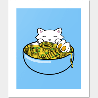 Cute white kitten eating a bowl of yummy ramen noodles Posters and Art